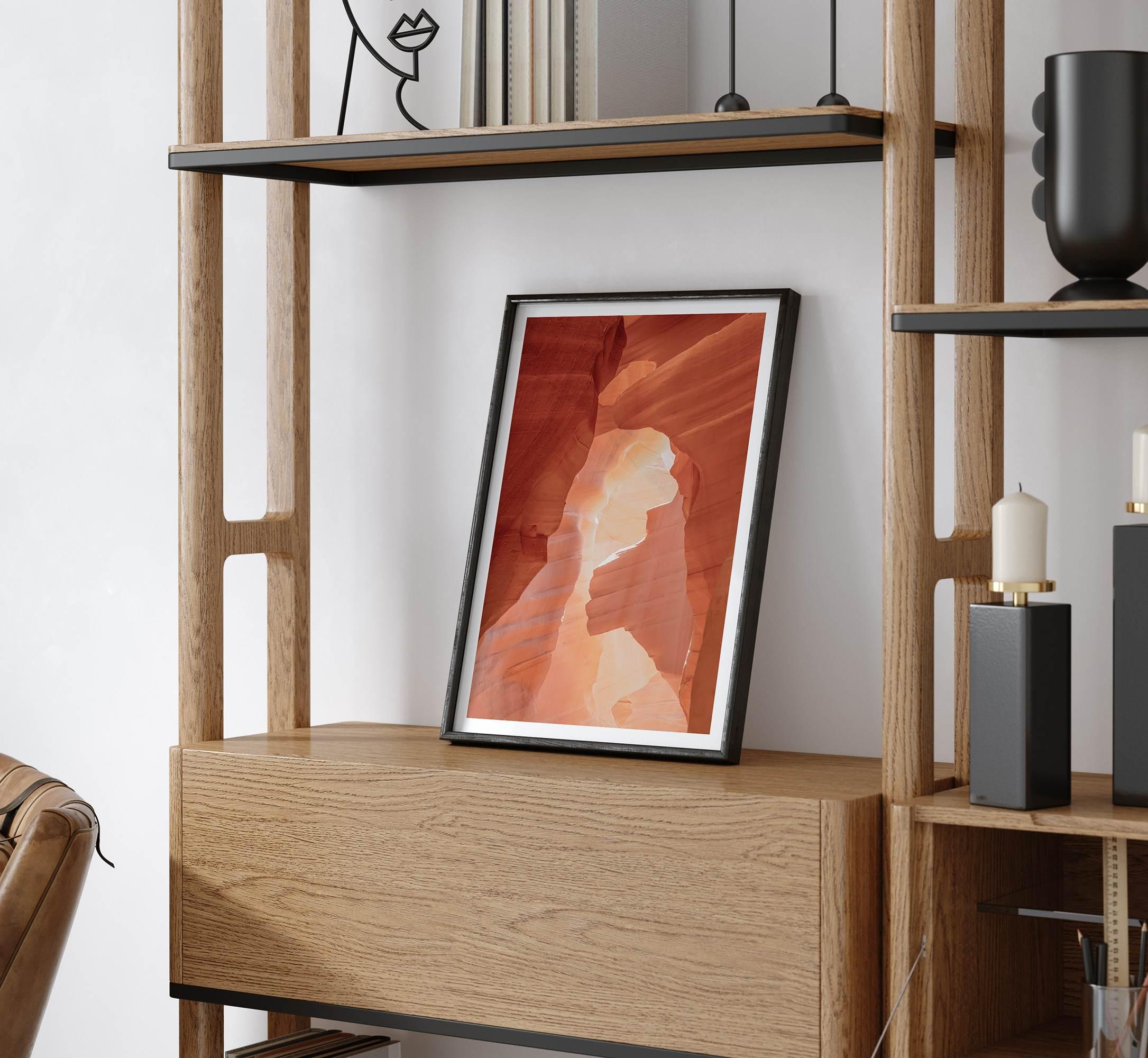 A fine art Arizona Desert print showcasing Antelope Canyon in Arizona. The three layers of rocks in varying colors and creamy textures create a stunning minimalist desert landscape, with vibrant reds and oranges adding warmth to any space.