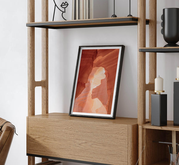 A fine art Arizona Desert print showcasing Antelope Canyon in Arizona. The three layers of rocks in varying colors and creamy textures create a stunning minimalist desert landscape, with vibrant reds and oranges adding warmth to any space.