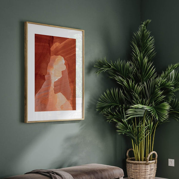A fine art Arizona Desert print showcasing Antelope Canyon in Arizona. The three layers of rocks in varying colors and creamy textures create a stunning minimalist desert landscape, with vibrant reds and oranges adding warmth to any space.