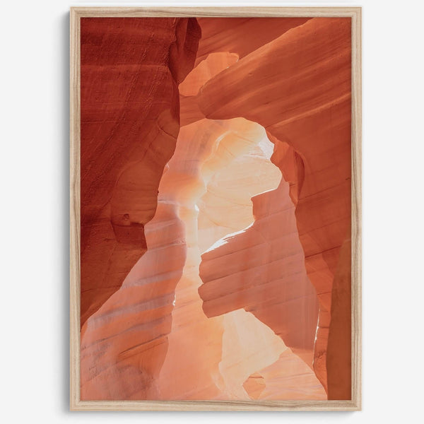 A fine art Arizona Desert print showcasing Antelope Canyon in Arizona. The three layers of rocks in varying colors and creamy textures create a stunning minimalist desert landscape, with vibrant reds and oranges adding warmth to any space.