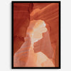 A fine art Arizona Desert print showcasing Antelope Canyon in Arizona. The three layers of rocks in varying colors and creamy textures create a stunning minimalist desert landscape, with vibrant reds and oranges adding warmth to any space.