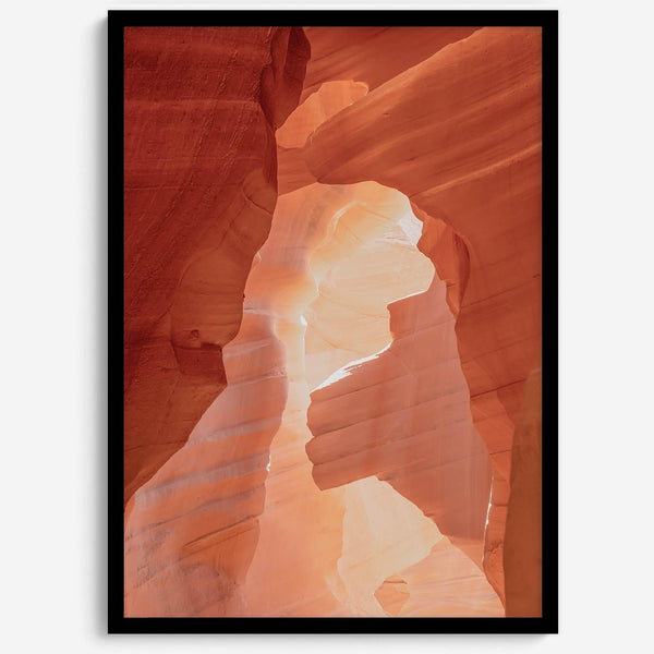 A fine art Arizona Desert print showcasing Antelope Canyon in Arizona. The three layers of rocks in varying colors and creamy textures create a stunning minimalist desert landscape, with vibrant reds and oranges adding warmth to any space.