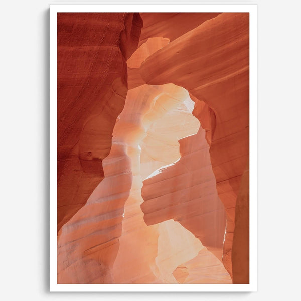A fine art Arizona Desert print showcasing Antelope Canyon in Arizona. The three layers of rocks in varying colors and creamy textures create a stunning minimalist desert landscape, with vibrant reds and oranges adding warmth to any space.