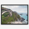 A fine art ocean print of one of the most iconic spots in the famous Route 1 in California - Bixby Bridge near Big Sur. Shot in a unique wide angle that captures the bridge, cliffs, the ocean, and the stunning beach below.