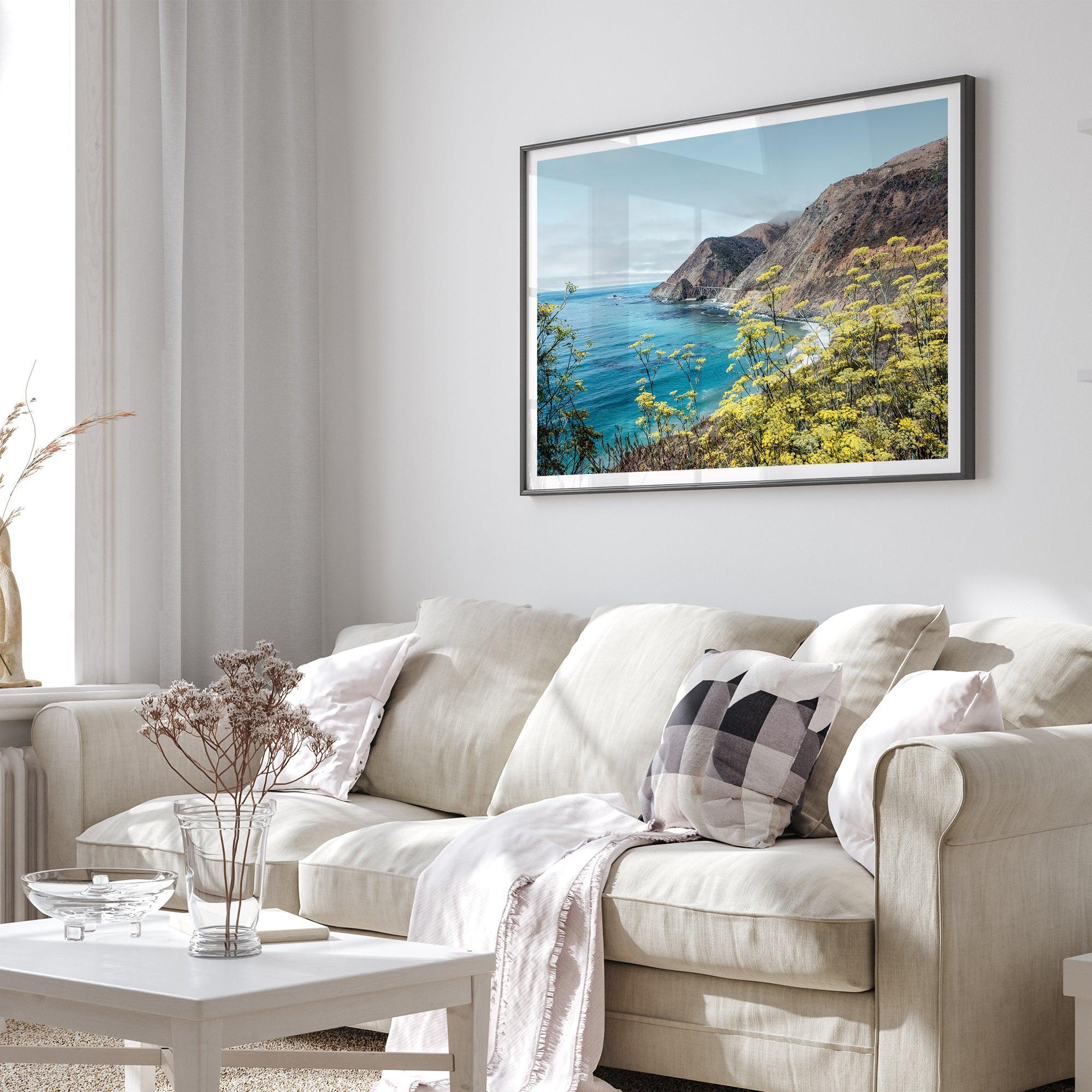 Coastal wall art featuring wildflowers and cliffs along Route #1 near Bixby Bridge in Big Sur.
