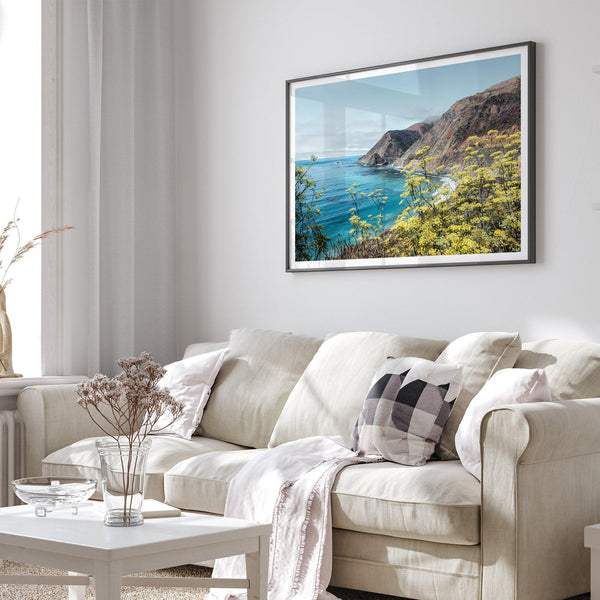 Coastal wall art featuring wildflowers and cliffs along Route #1 near Bixby Bridge in Big Sur.