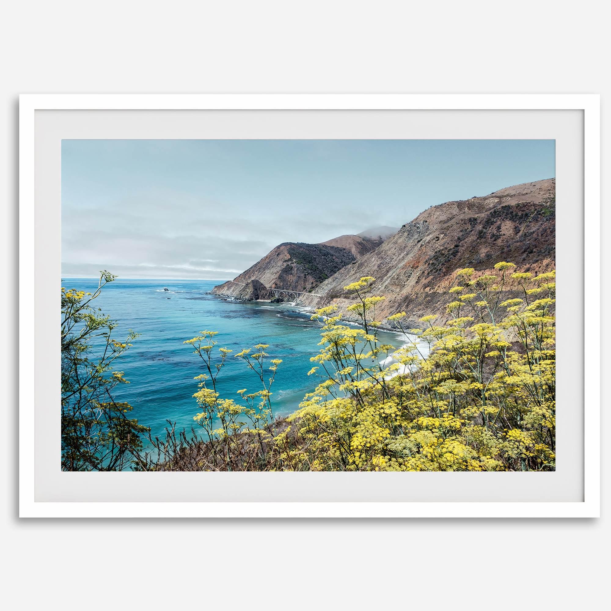 Coastal wall art featuring wildflowers and cliffs along Route #1 near Bixby Bridge in Big Sur.