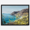 Coastal wall art featuring wildflowers and cliffs along Route #1 near Bixby Bridge in Big Sur.