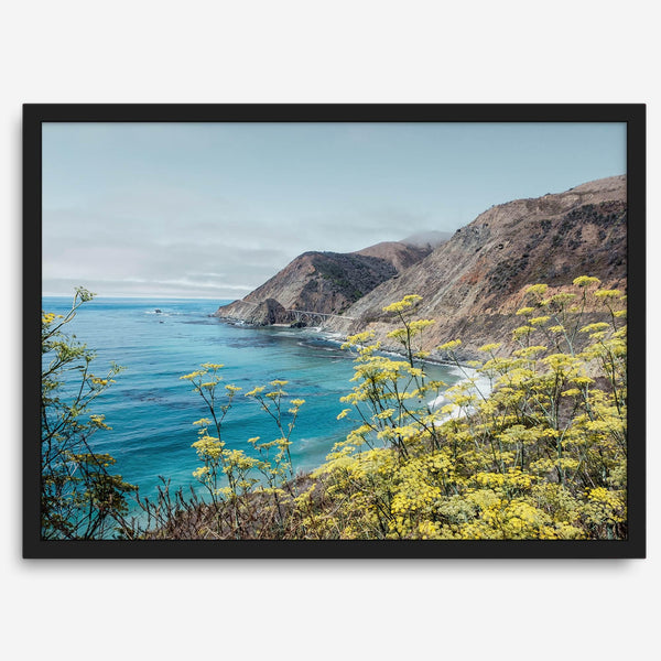 Coastal wall art featuring wildflowers and cliffs along Route #1 near Bixby Bridge in Big Sur.