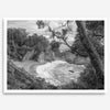 Black and white photo of McWay Falls flowing into the Pacific Ocean at Big Sur, California – fine art coastal print