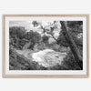 Black and white photo of McWay Falls flowing into the Pacific Ocean at Big Sur, California – fine art coastal print