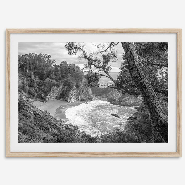 Black and white photo of McWay Falls flowing into the Pacific Ocean at Big Sur, California – fine art coastal print