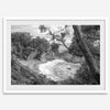Black and white photo of McWay Falls flowing into the Pacific Ocean at Big Sur, California – fine art coastal print