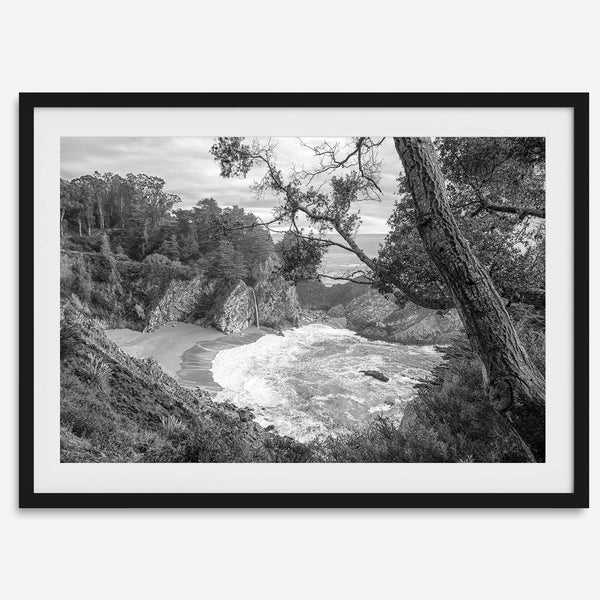Black and white photo of McWay Falls flowing into the Pacific Ocean at Big Sur, California – fine art coastal print