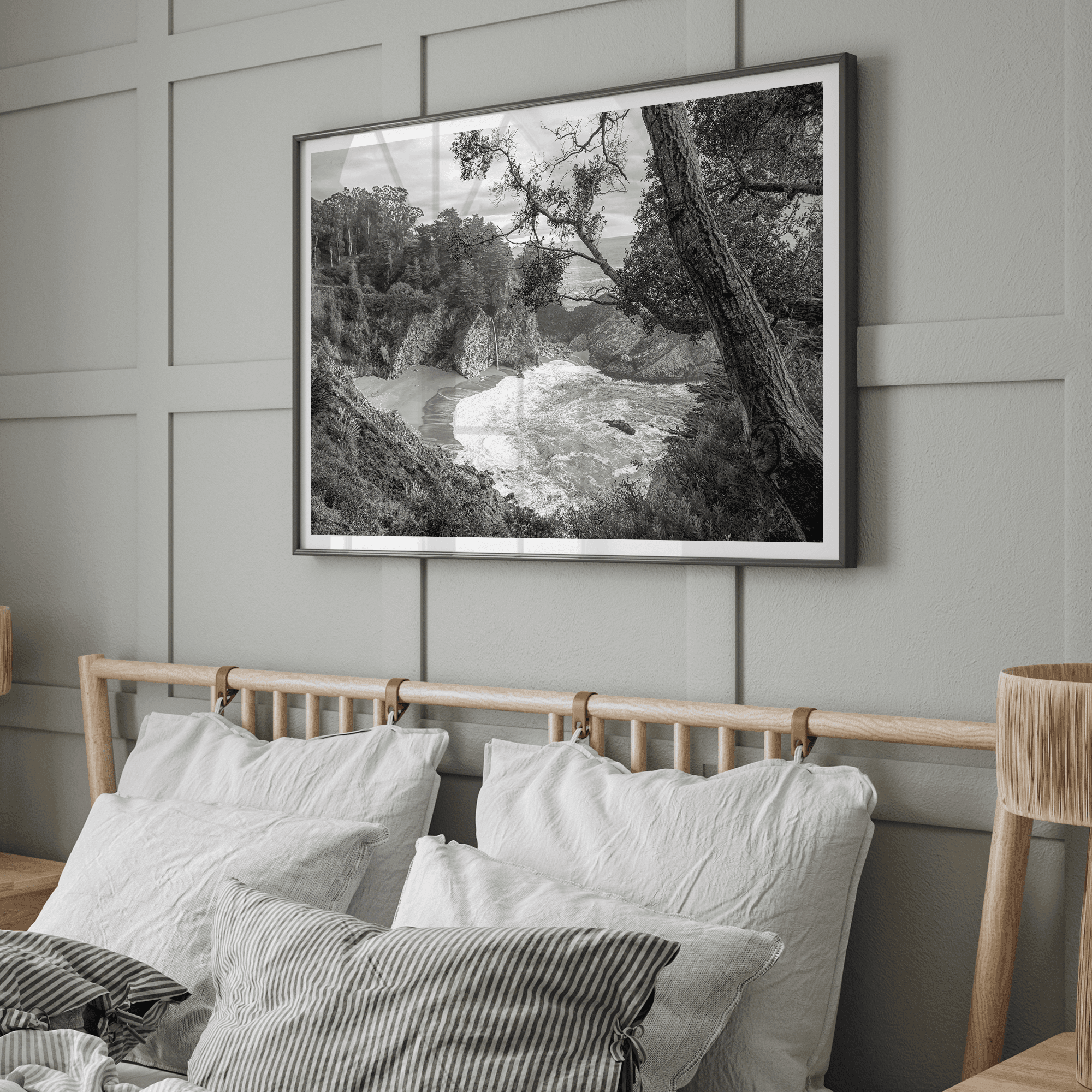 Black and white photo of McWay Falls flowing into the Pacific Ocean at Big Sur, California – fine art coastal print