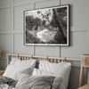 Black and white photo of McWay Falls flowing into the Pacific Ocean at Big Sur, California – fine art coastal print