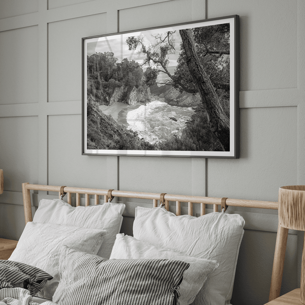 Black and white photo of McWay Falls flowing into the Pacific Ocean at Big Sur, California – fine art coastal print