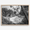 Black and white photo of McWay Falls flowing into the Pacific Ocean at Big Sur, California – fine art coastal print