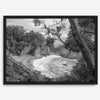 Black and white photo of McWay Falls flowing into the Pacific Ocean at Big Sur, California – fine art coastal print