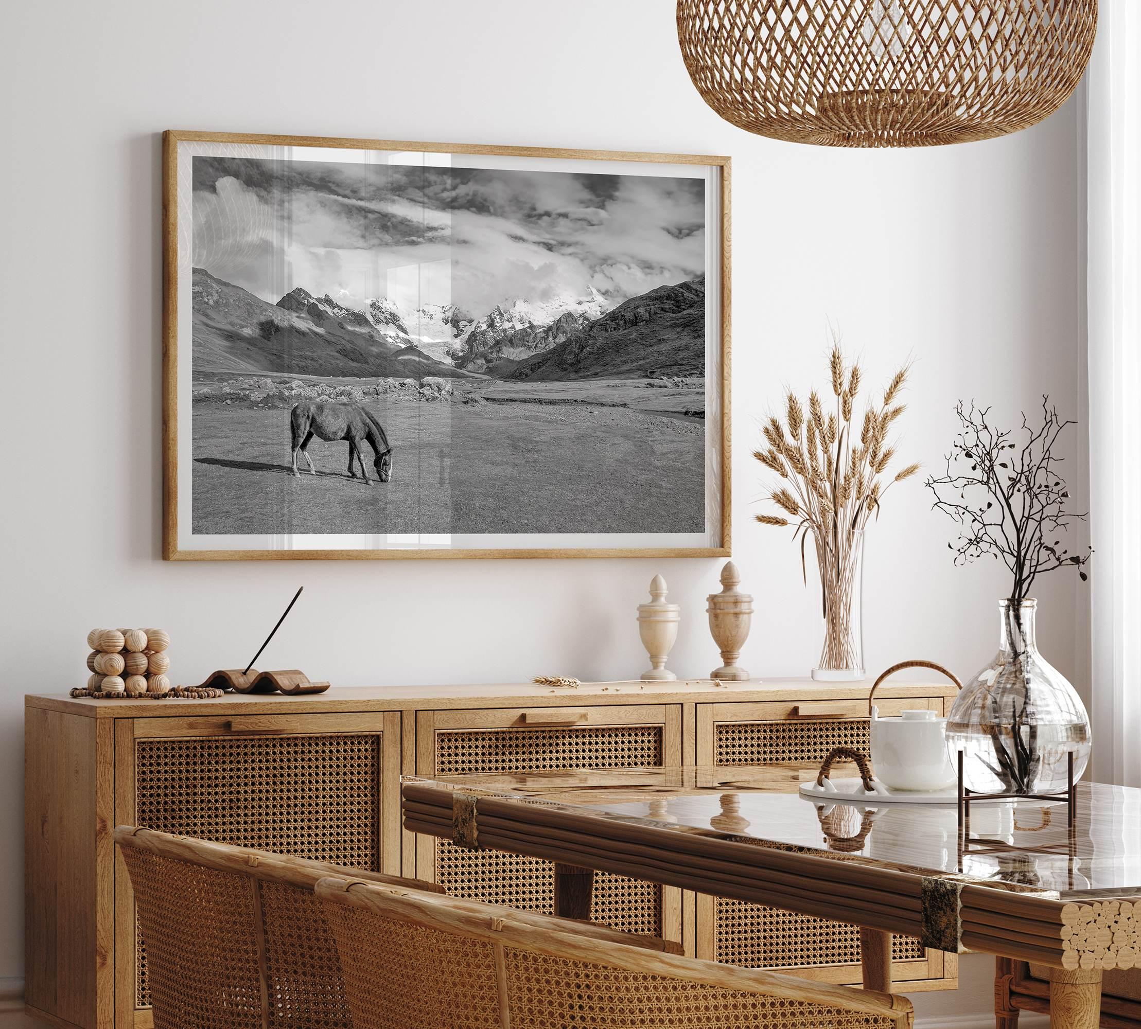 A black and white mountain horse fine art print that can come framed on unframed and was taken in Peru. This mountain wall art showcases snow-covered mountains in Peru and a charming horse grazing relaxingly in the forefront of the picture.