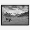 A black and white mountain horse fine art print that can come framed on unframed and was taken in Peru. This mountain wall art showcases snow-covered mountains in Peru and a charming horse grazing relaxingly in the forefront of the picture.