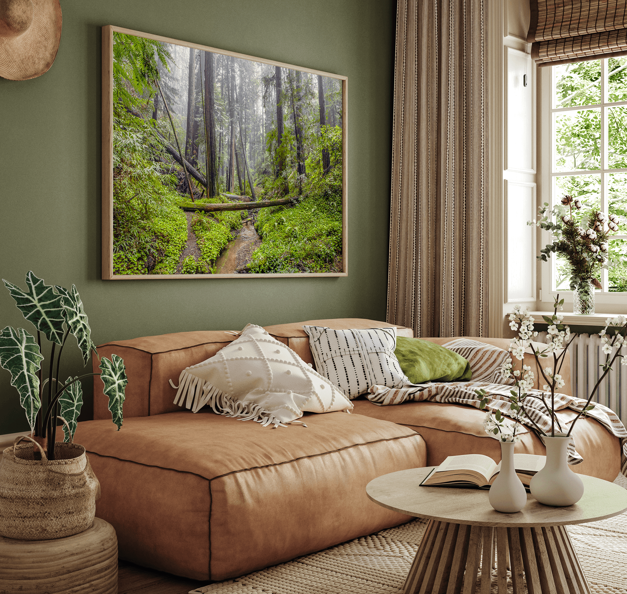 Lush green forest scene with tall redwoods and a small stream in Portola Redwoods State Park – fine art nature print