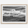 Moody landscape art of Sierra Vista Preserve with a lone tree and dramatic clouds in black and white.