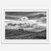 Moody landscape art of Sierra Vista Preserve with a lone tree and dramatic clouds in black and white.