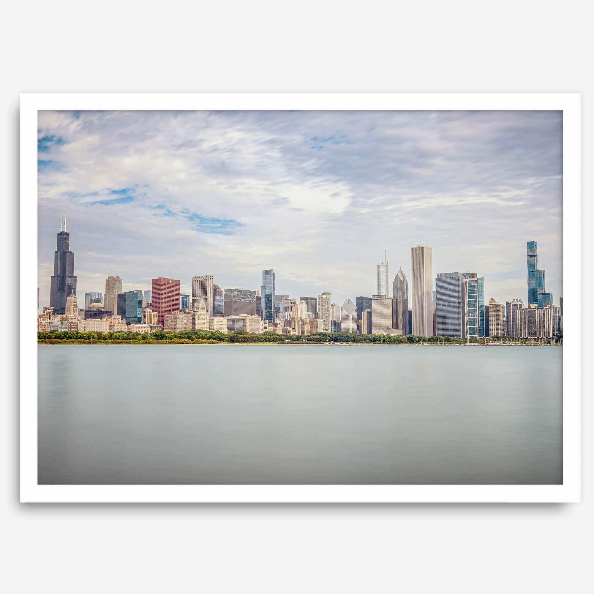 A fine art print of the Chicago skyline with Lake Michigan in the forefront. Perfect for home or office decor.