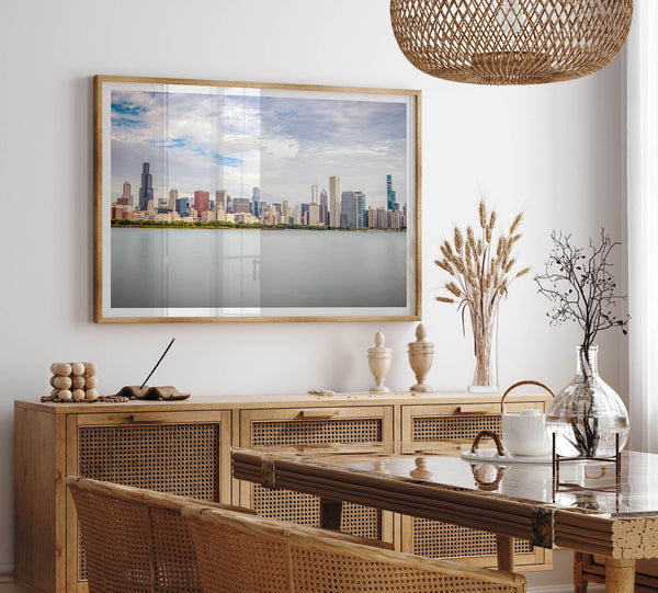 A fine art print of the Chicago skyline with Lake Michigan in the forefront. Perfect for home or office decor.