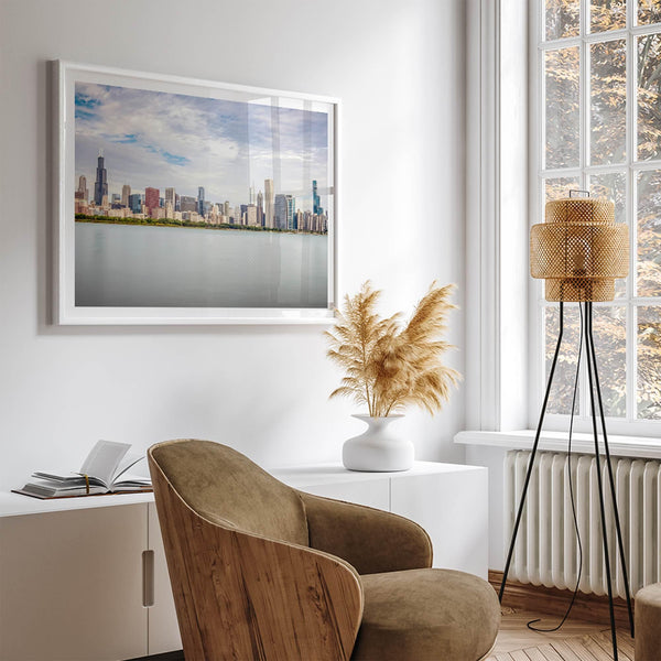A fine art print of the Chicago skyline with Lake Michigan in the forefront. Perfect for home or office decor.