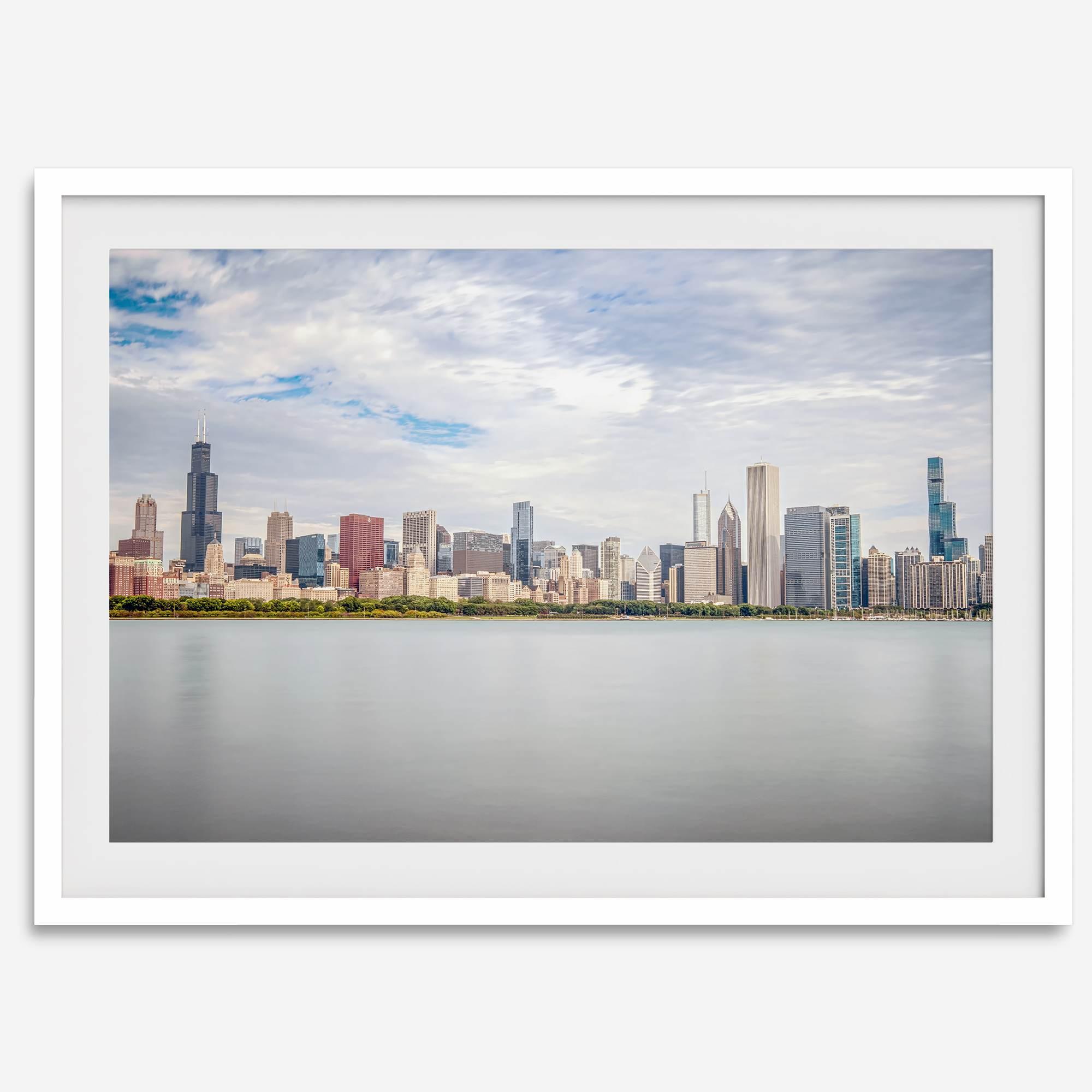 A fine art print of the Chicago skyline with Lake Michigan in the forefront. Perfect for home or office decor.