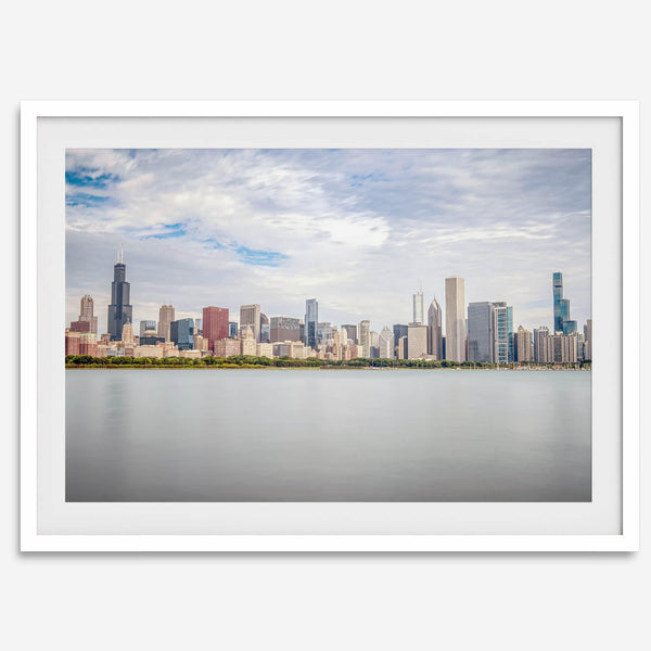 A fine art print of the Chicago skyline with Lake Michigan in the forefront. Perfect for home or office decor.