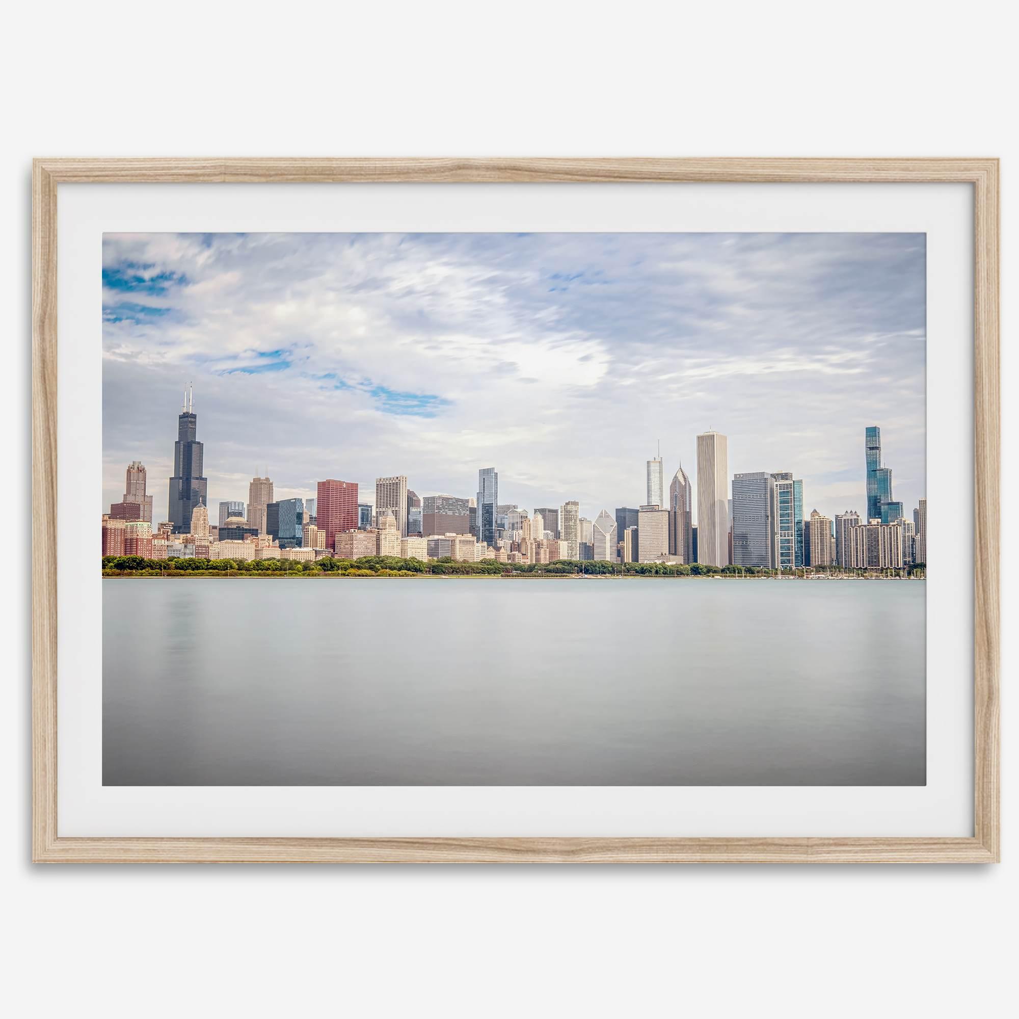 A fine art print of the Chicago skyline with Lake Michigan in the forefront. Perfect for home or office decor.
