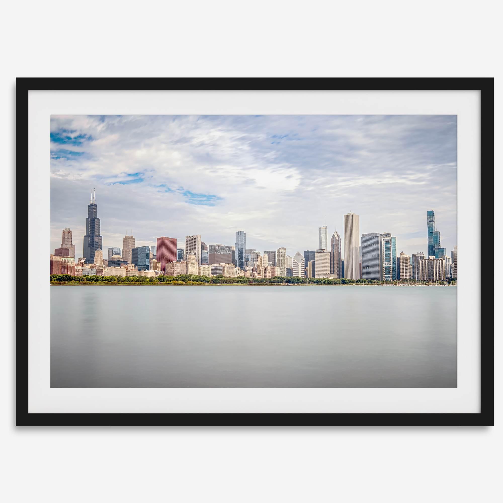 A fine art print of the Chicago skyline with Lake Michigan in the forefront. Perfect for home or office decor.