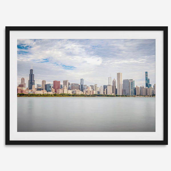 A fine art print of the Chicago skyline with Lake Michigan in the forefront. Perfect for home or office decor.