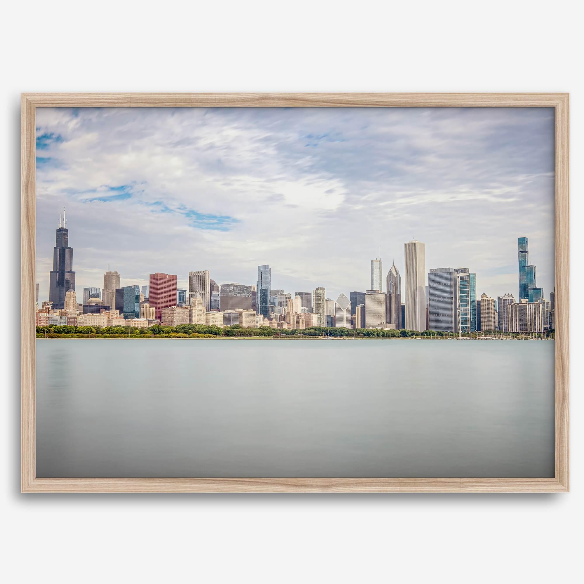 A fine art print of the Chicago skyline with Lake Michigan in the forefront. Perfect for home or office decor.