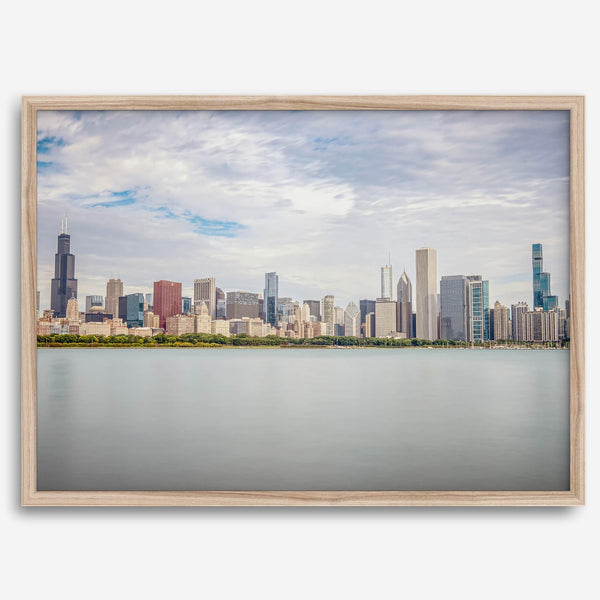 A fine art print of the Chicago skyline with Lake Michigan in the forefront. Perfect for home or office decor.