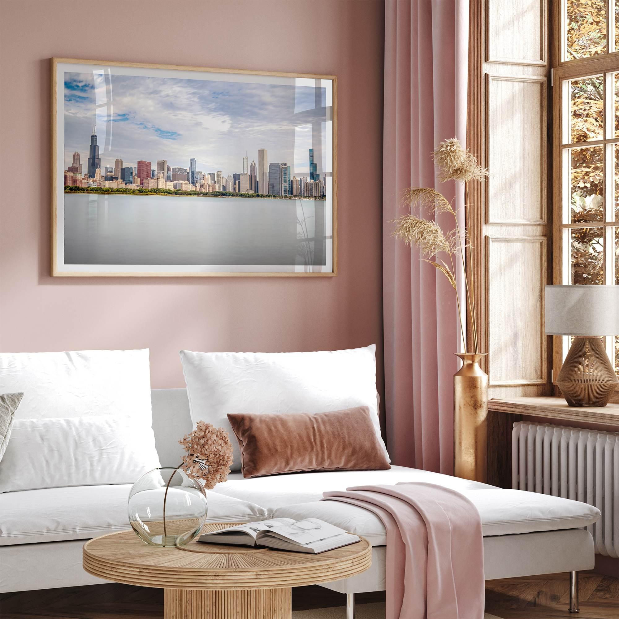 A fine art print of the Chicago skyline with Lake Michigan in the forefront. Perfect for home or office decor.