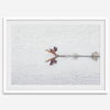 A fine art minimalist wildlife photography print showcasing a bird flying over a lake in Arizona.