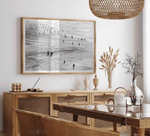 Black and white photo of people walking on Baker Beach in San Francisco – fine art coastal photography print.