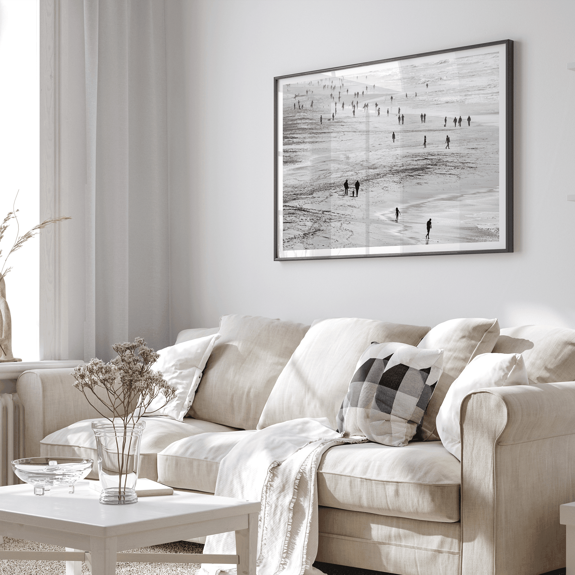 Black and white photo of people walking on Baker Beach in San Francisco – fine art coastal photography print.
