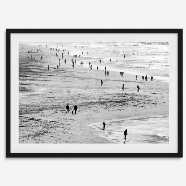 Black and white photo of people walking on Baker Beach in San Francisco – fine art coastal photography print.
