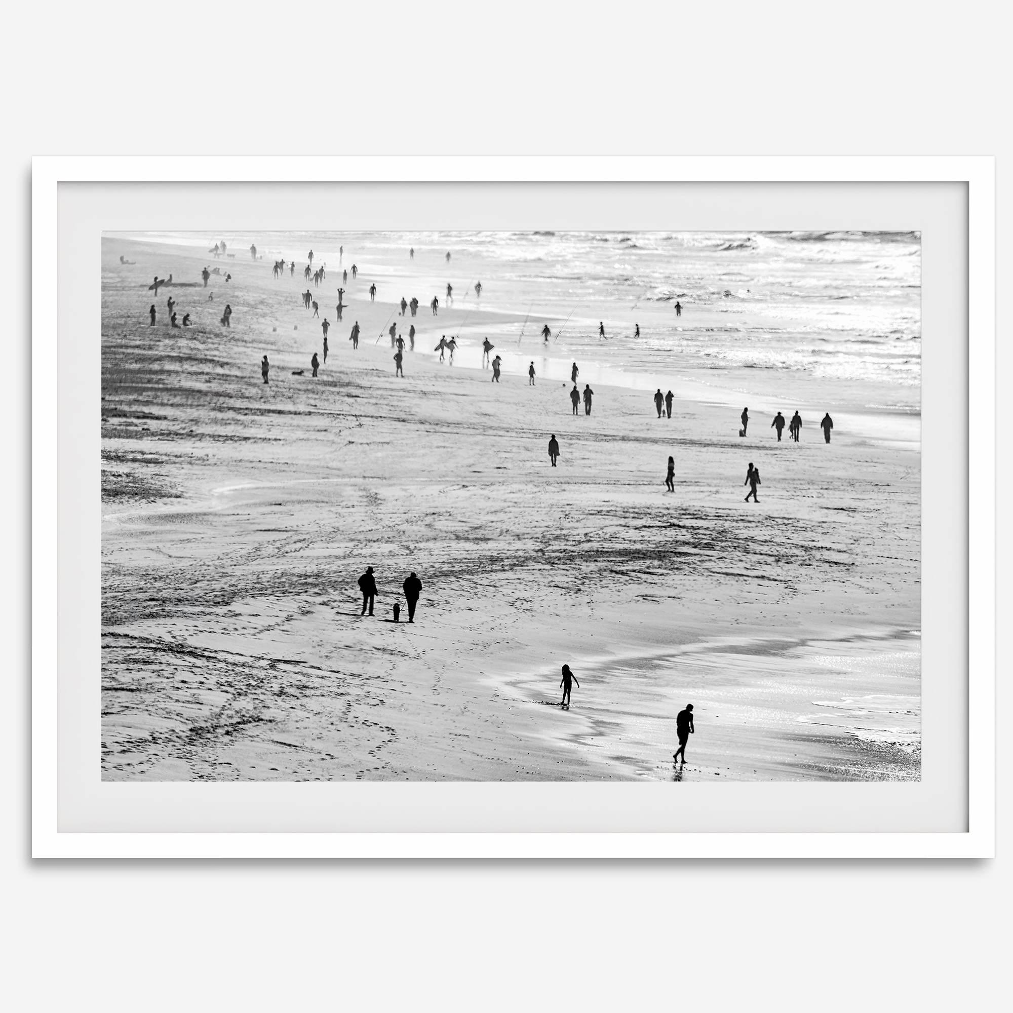 Black and white photo of people walking on Baker Beach in San Francisco – fine art coastal photography print.
