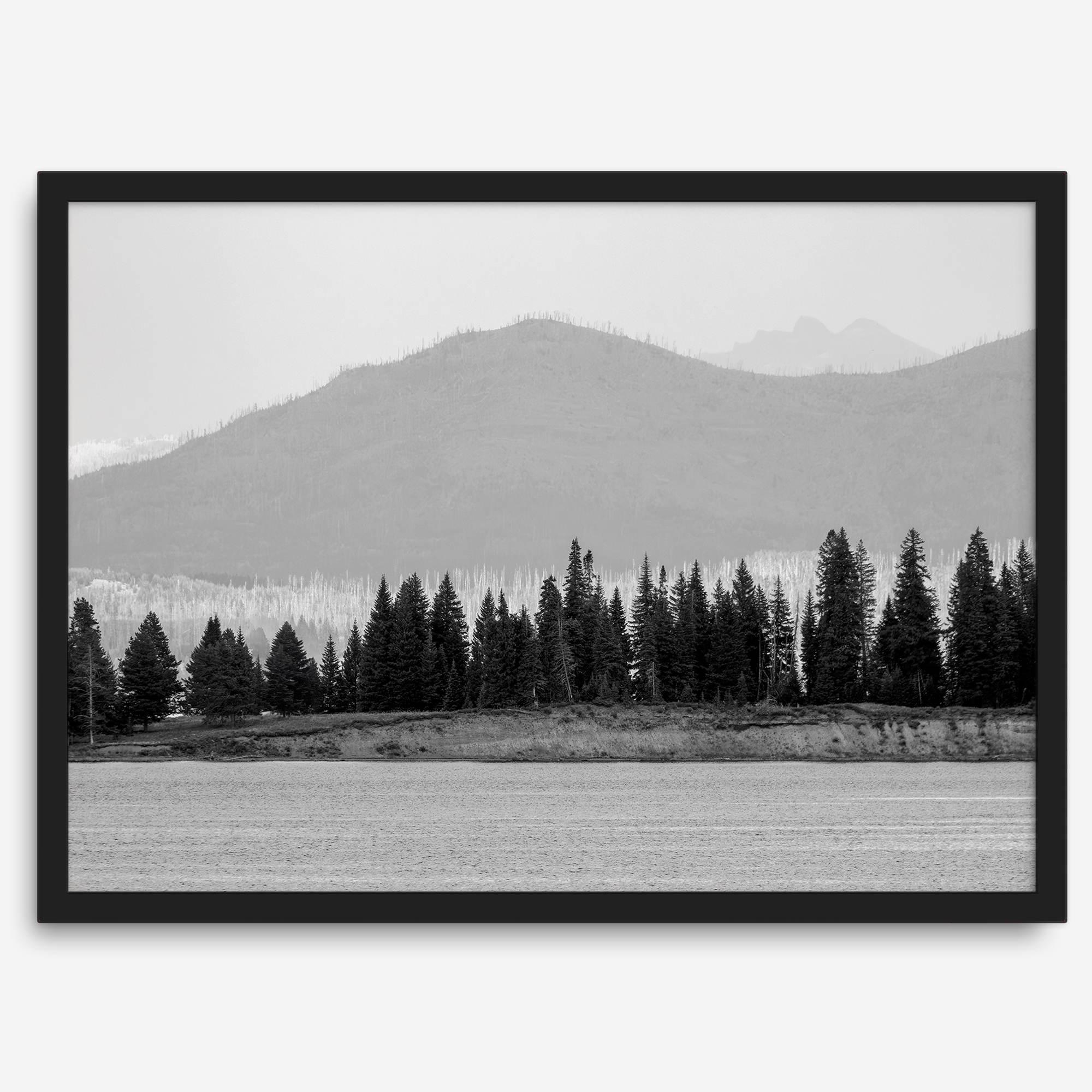 Abstract nature art of a forested island on Yellowstone Lake with black-and-white photography and misty mountains.