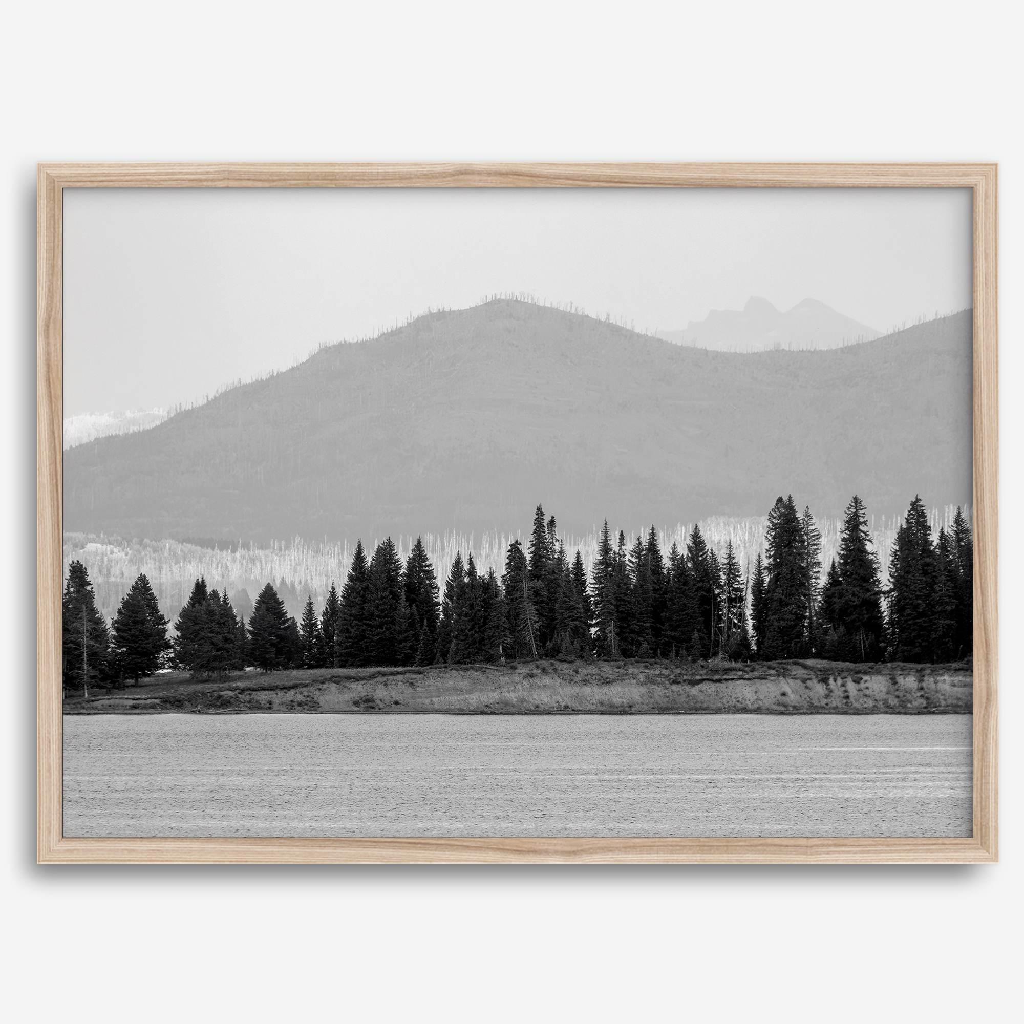 Abstract nature art of a forested island on Yellowstone Lake with black-and-white photography and misty mountains.