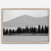 Abstract nature art of a forested island on Yellowstone Lake with black-and-white photography and misty mountains.