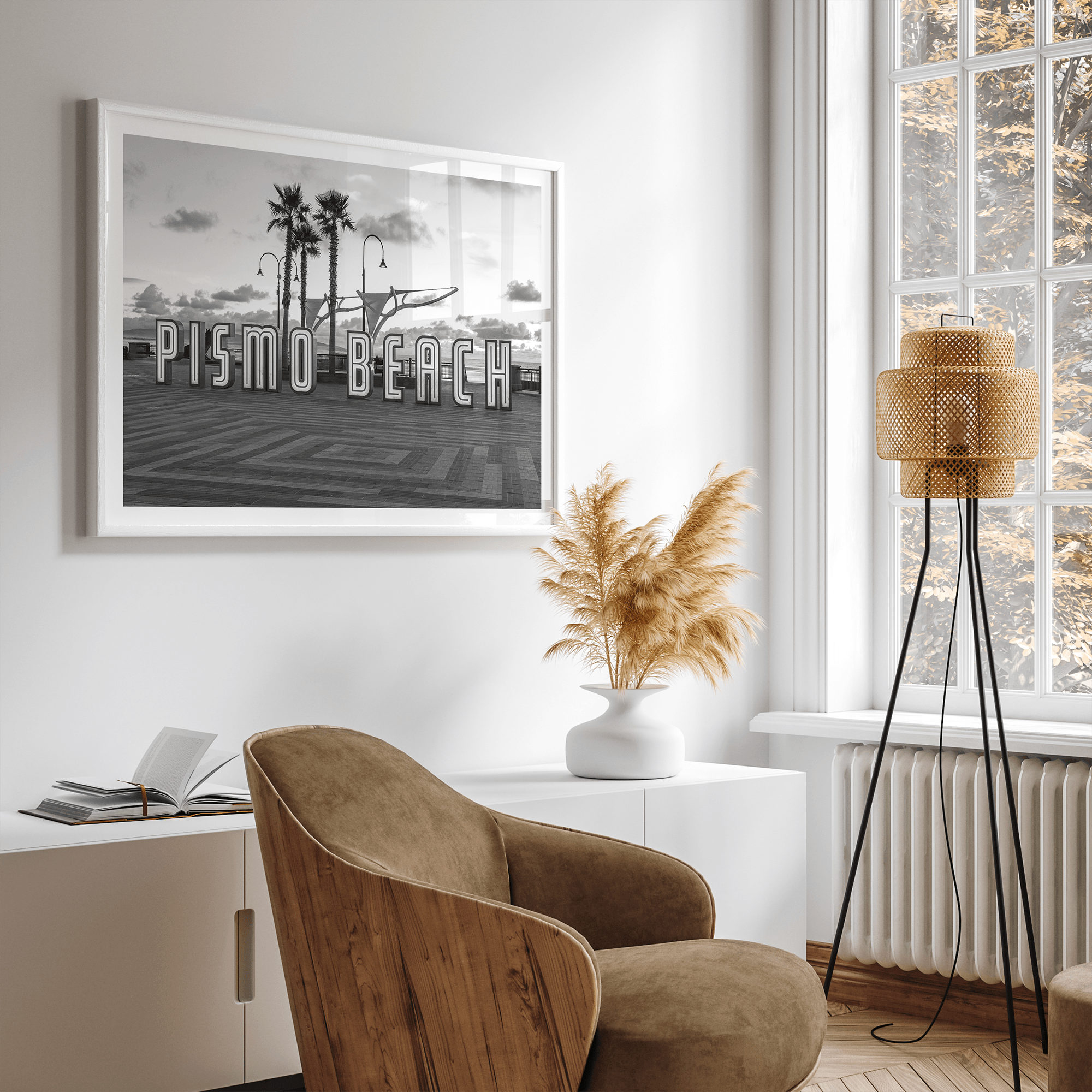 Black and white photo of the Pismo Beach street sign with palm trees and boardwalk – fine art coastal print