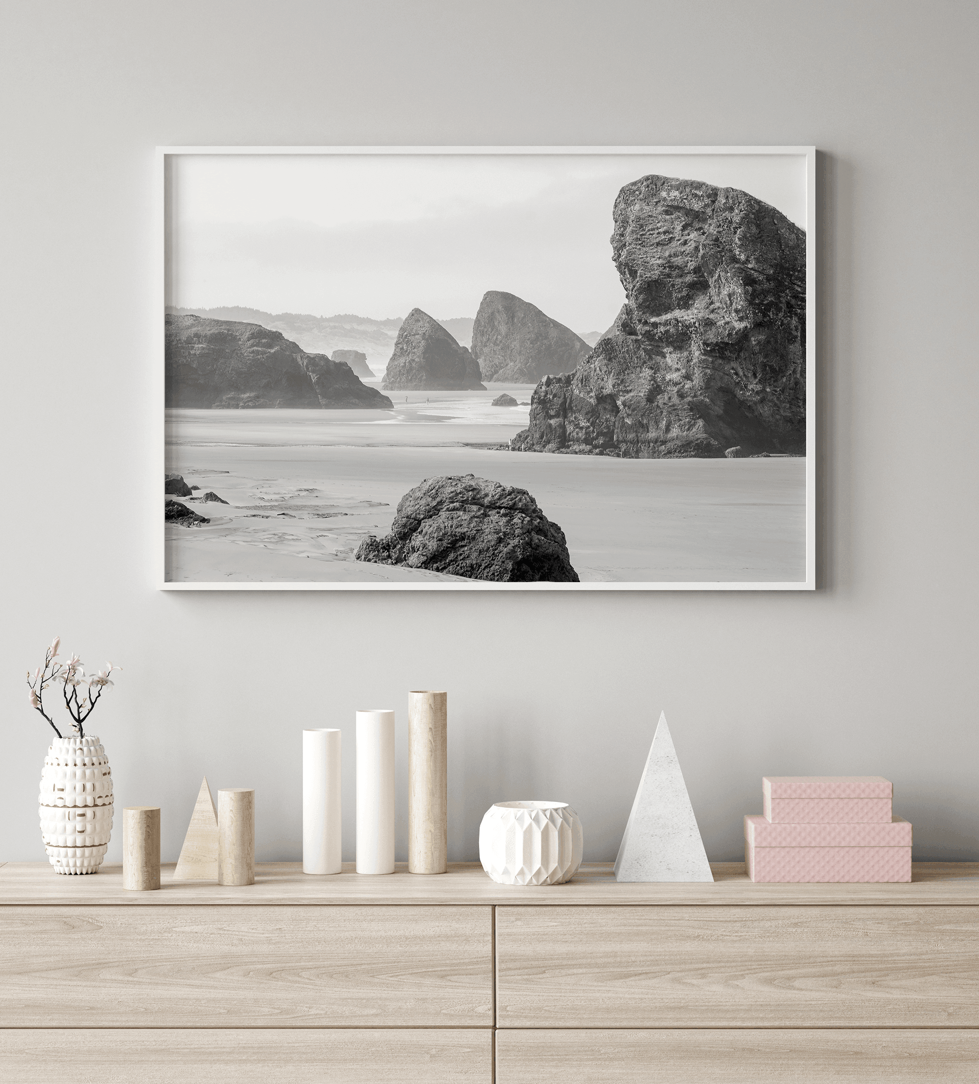 Black and white beach art print featuring sea stacks at Meyers Creek Beach, Oregon. Monochrome coastal photography for modern and coastal décor.