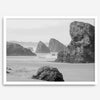 Black and white beach art print featuring sea stacks at Meyers Creek Beach, Oregon. Monochrome coastal photography for modern and coastal décor.